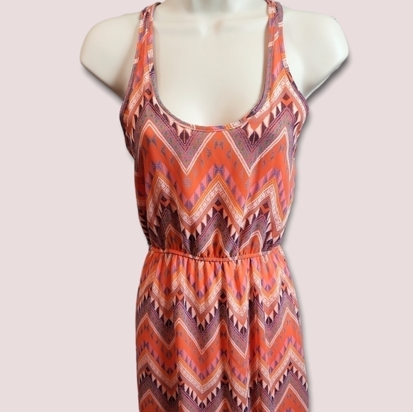 Boho Aztec Print Flowy Lightweight Cinched Waist Racerback Tank Maxi Dress Small - Picture 3 of 4